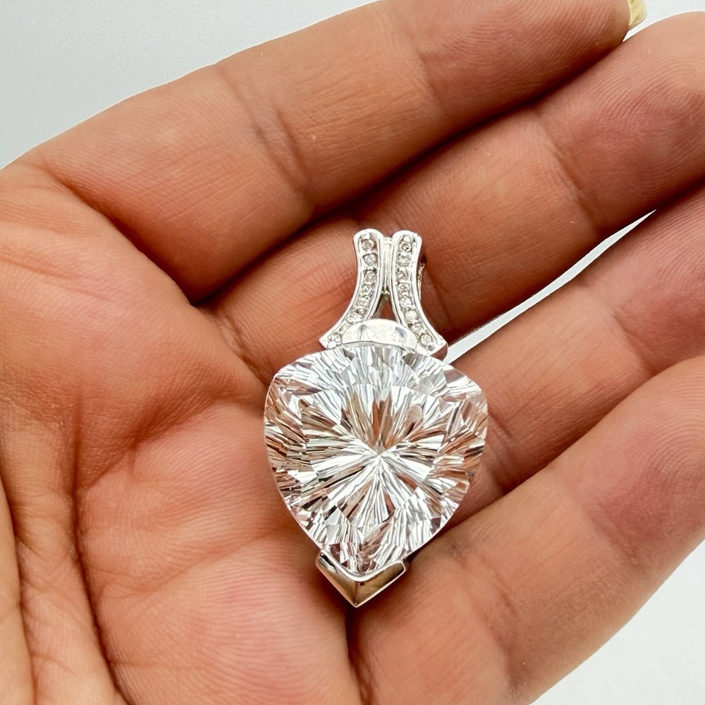 Vtg Huge 14k Gold White Topaz Heart Pendant Diamond Accents Designer Read 15.86G